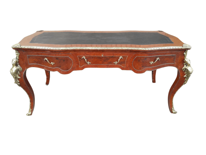 A 20th Century Circa 1990 French Bureau Plat Desk of Large Proportions With Brass Mounts and Black Leather Top ND