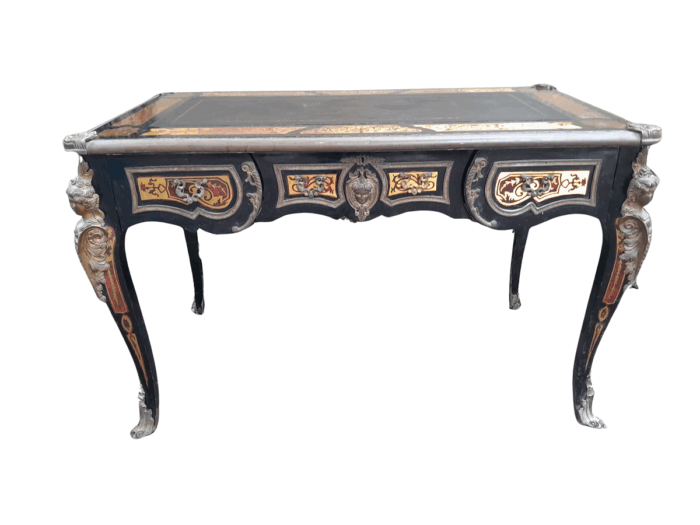 A French Style Louis XV Boulle Bureau Plat Writing Desk with Ormolu Mounts and Leather Top with Gilt Edging and Tooling