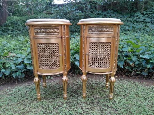 A Pair of French Style Ornately Carved Giltwood Pedestals / Side Tables with Marble Tops
