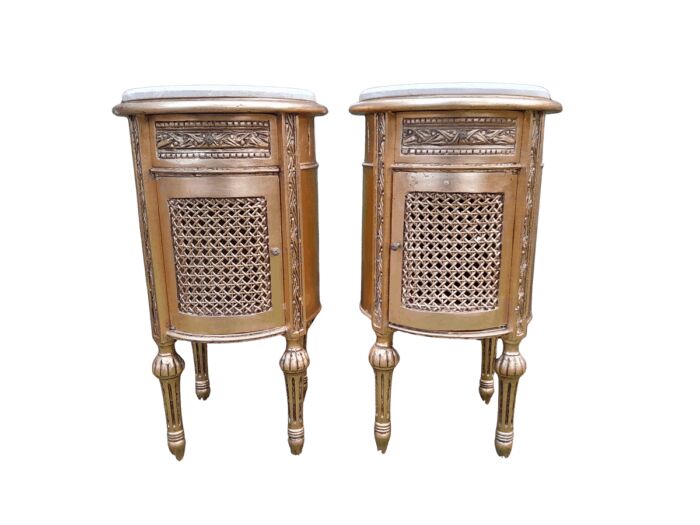 A Pair of French Style Ornately Carved Giltwood Pedestals / Side Tables with Marble Tops
