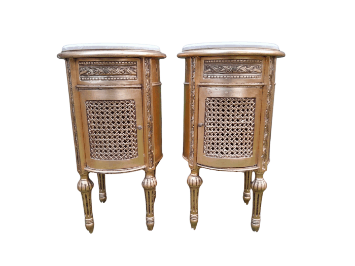A Pair of French Style Ornately Carved Giltwood Pedestals / Side Tables with Marble Tops