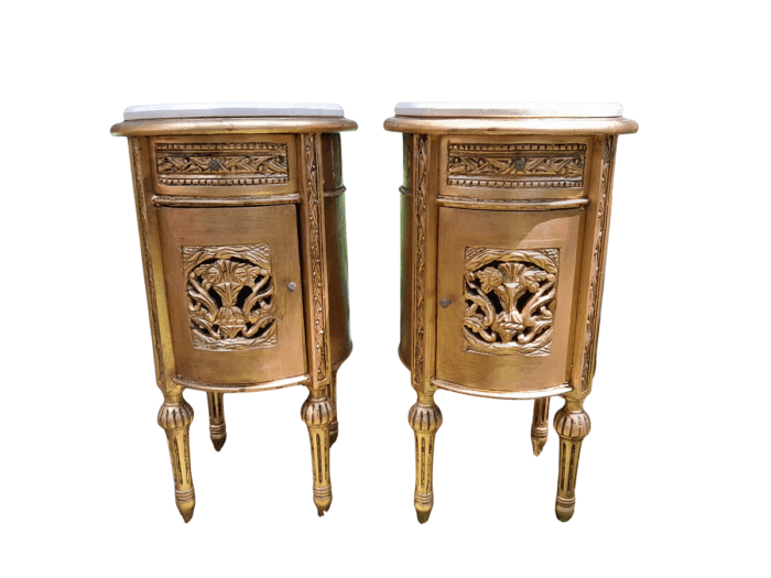 A Pair of French Style Ornately Carved Giltwood Pedestals / Side Tables with Marble Tops