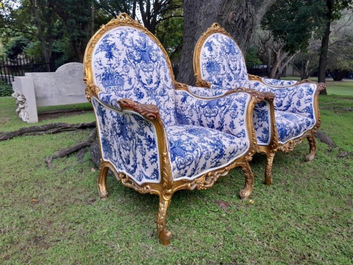 A 20th Century Pair of French Style Louis XVI Style Ornately Carved and Gilded Armchairs - Image 12