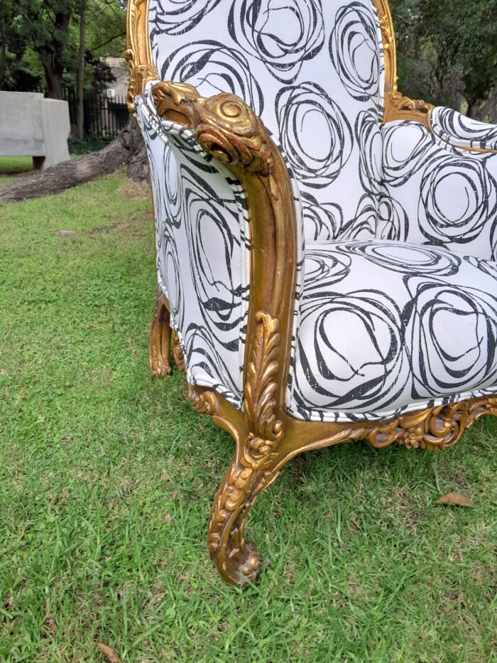 A 20th Century Pair of French Style Louis XVI Style Ornately Carved and Gilded Armchairs Upholstered in a Charcoal Linen/Cotton Blend Fabric - Image 7