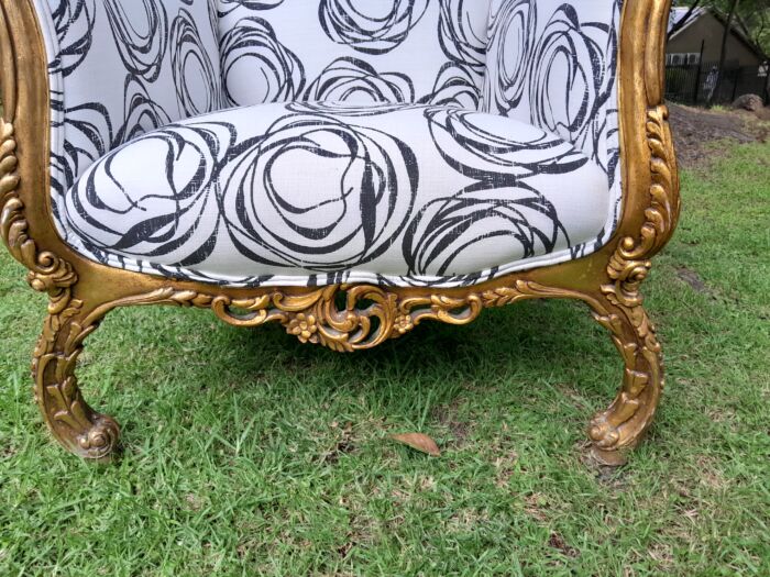 A 20th Century Pair of French Style Louis XVI Style Ornately Carved and Gilded Armchairs Upholstered in a Charcoal Linen/Cotton Blend Fabric - Image 6
