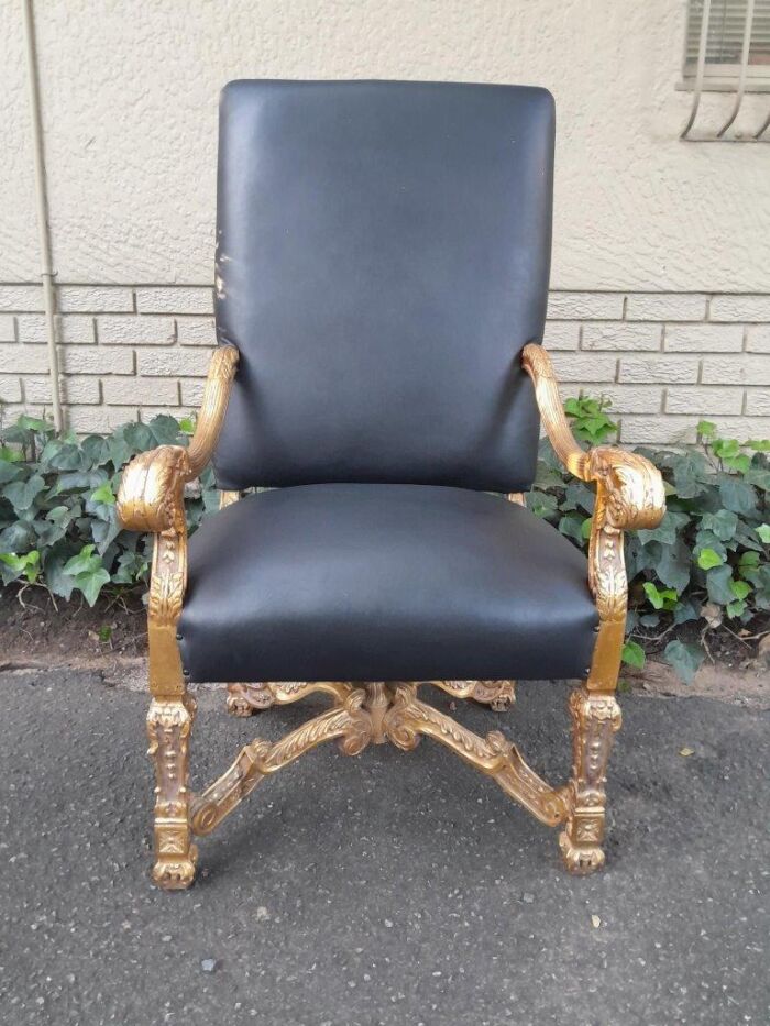 A 20th Century French Style Carved and Giltwood Arm Chairs Upholstered in Leather) - Image 5