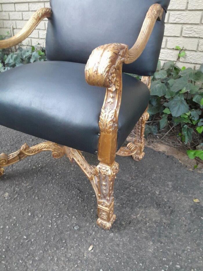 A 20th Century French Style Carved and Giltwood Arm Chairs Upholstered in Leather) - Image 6