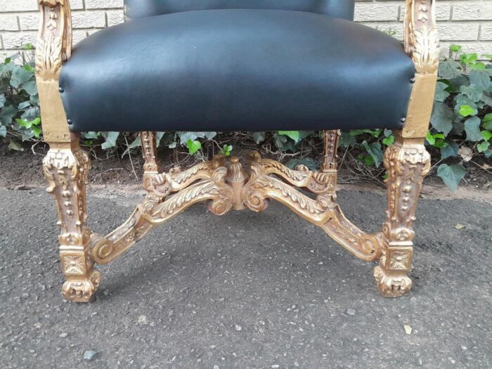 A 20th Century French Style Carved and Giltwood Arm Chairs Upholstered in Leather) - Image 7