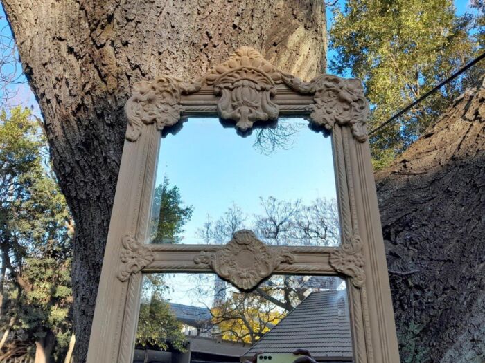 A French Style Ornately Carved And Bevelled Mirror In A Natural  /  Bleached Finish - Image 7