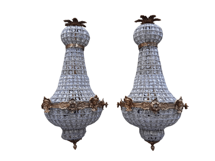A French Style Pair of Brass Gilt Monumental Empire Chandeliers