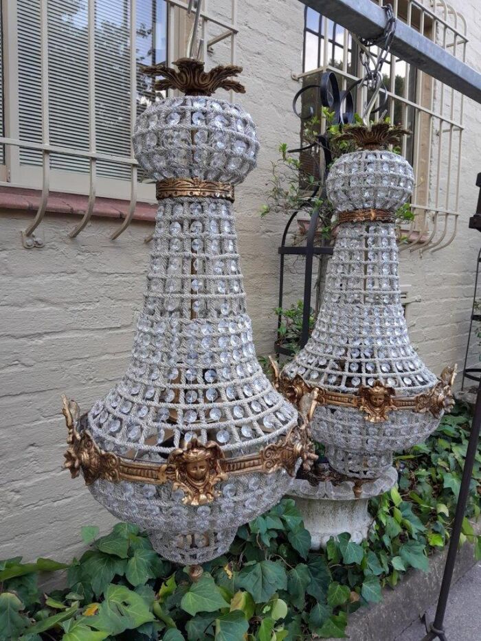 A French Style Pair of Brass Gilt Monumental Empire Chandeliers - Image 3