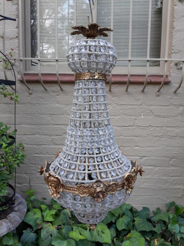 A French Style Pair of Brass Gilt Monumental Empire Chandeliers - Image 5