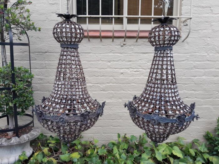 A French Style Pair of Gilt Aged Monumental Empire Chandeliers - Image 2