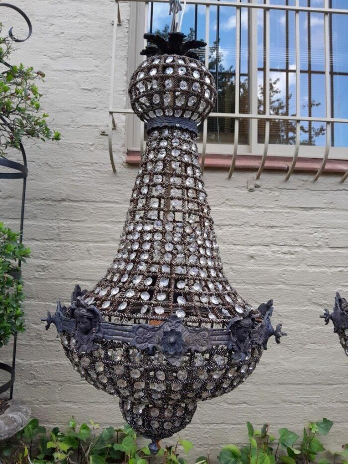 A French Style Pair of Gilt Aged Monumental Empire Chandeliers - Image 3