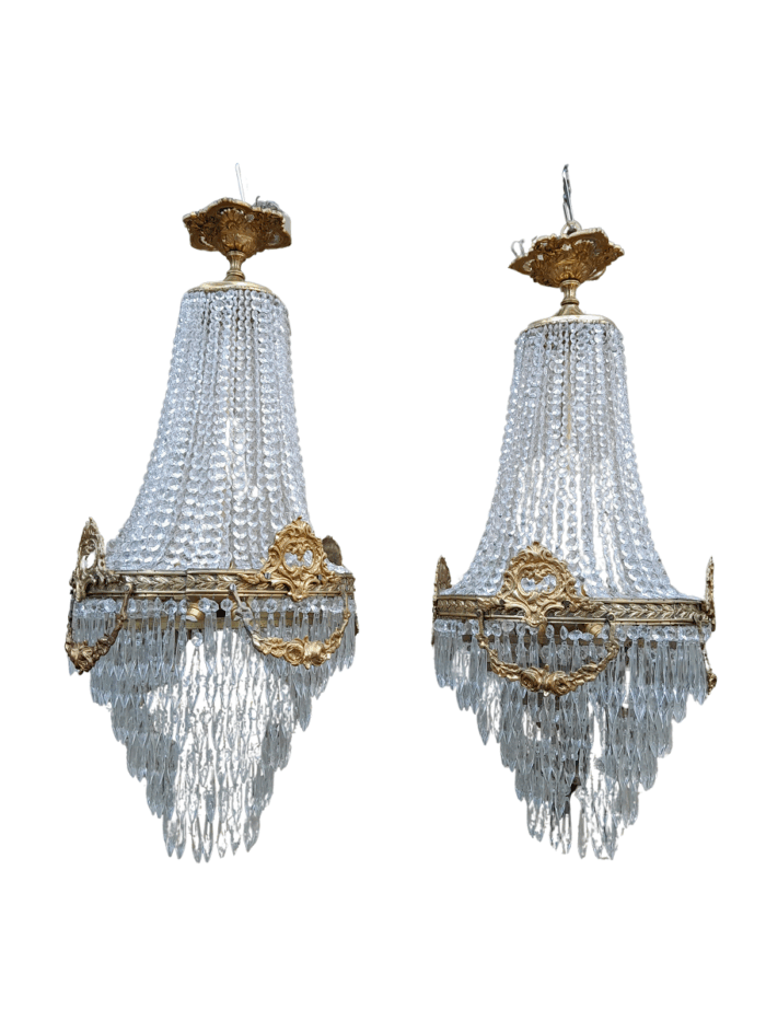 A Pair of French Style Ring Brass & Crystal Chandeliers