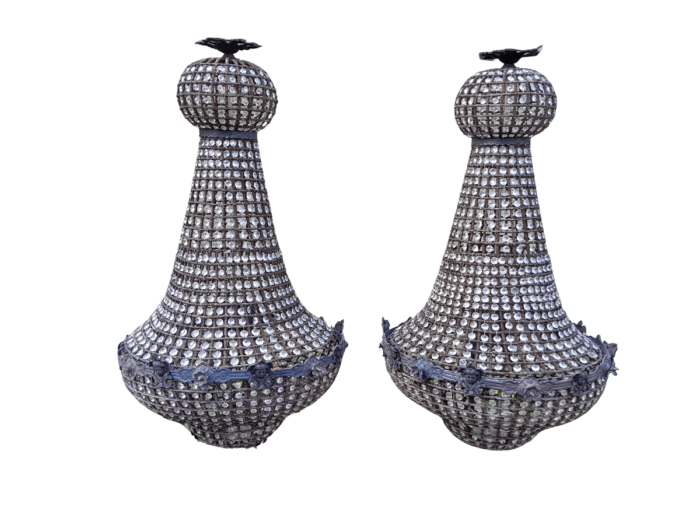 A French Style Pair of Large Gilt & Aged Monumental Empire Style Chandeliers