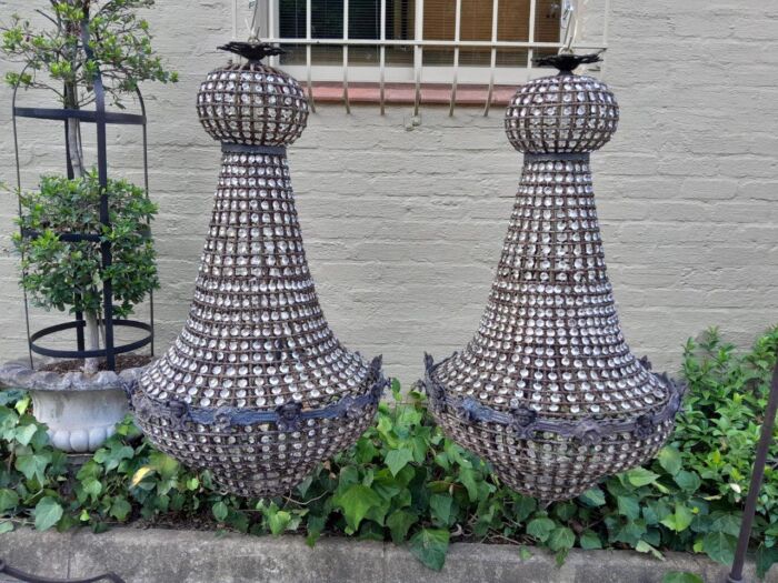 A French Style Pair of Large Gilt & Aged Monumental Empire Style Chandeliers - Image 2