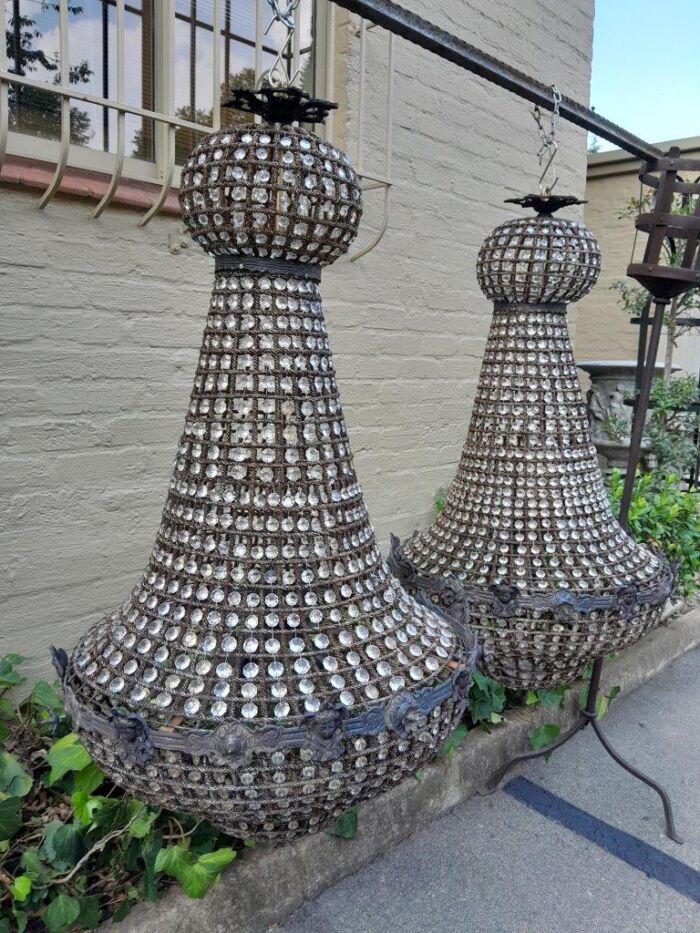 A French Style Pair of Large Gilt & Aged Monumental Empire Style Chandeliers - Image 3