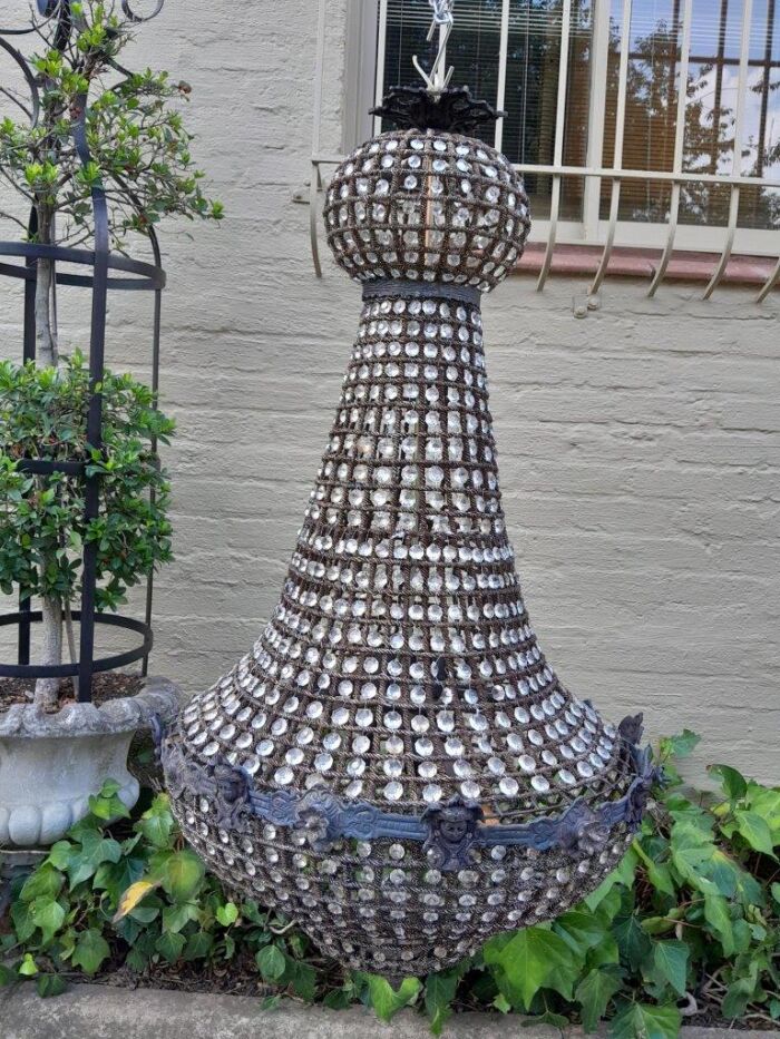 A French Style Pair of Large Gilt & Aged Monumental Empire Style Chandeliers - Image 4