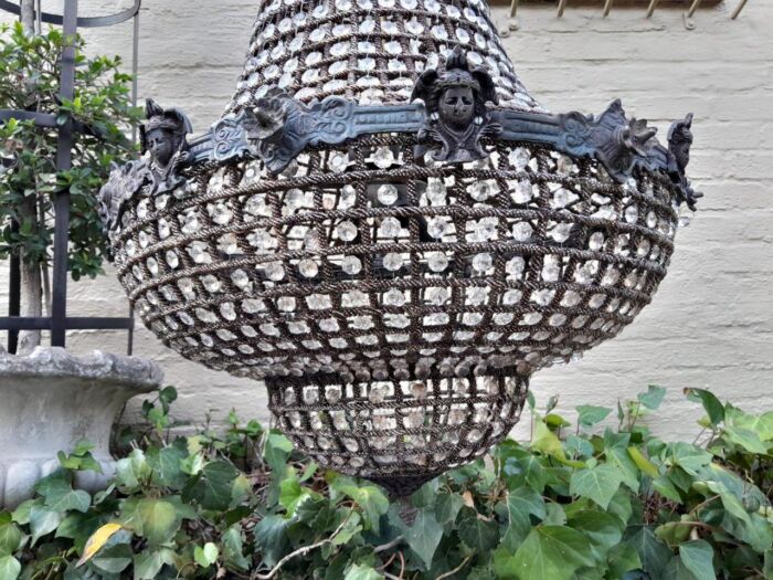 A French Style Pair of Large Gilt & Aged Monumental Empire Style Chandeliers - Image 5