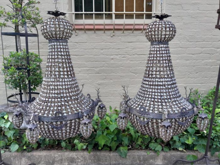 A Large Aged Pair of Monumental Empire French Style Chandeliers with Deer Head Figures - Image 2