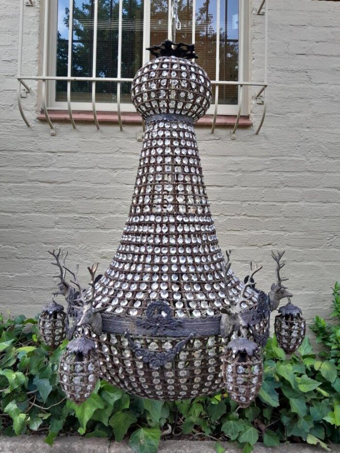 A Large Aged Pair of Monumental Empire French Style Chandeliers with Deer Head Figures - Image 3