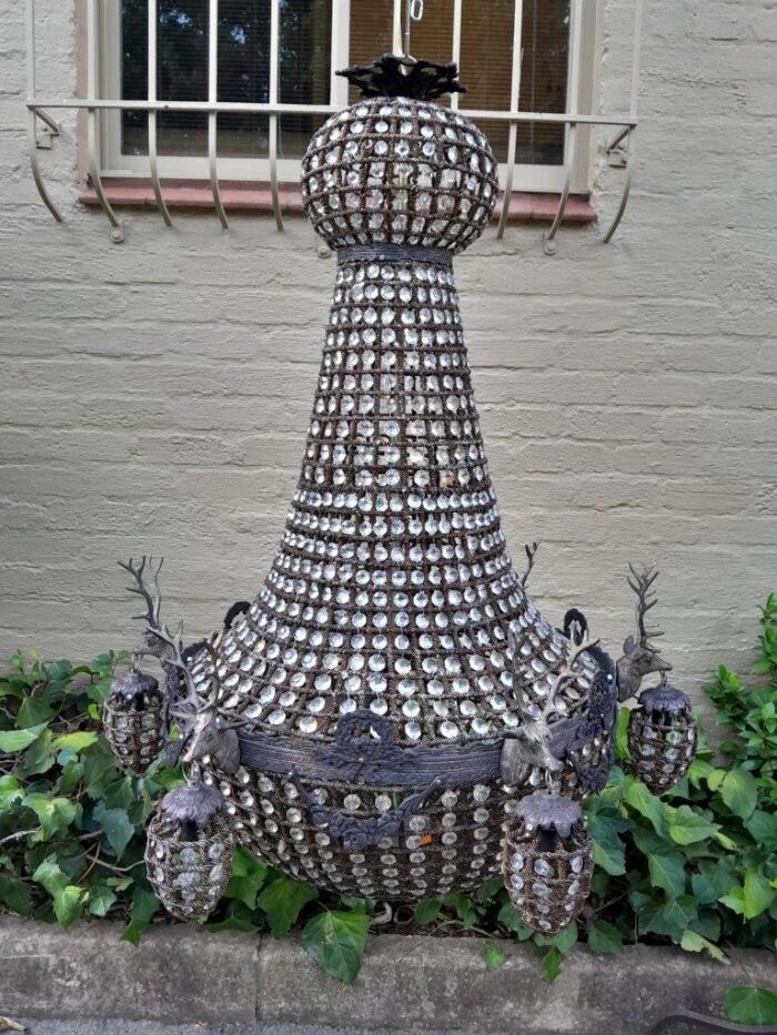 A Large Aged Pair of Monumental Empire French Style Chandeliers with Deer Head Figures - Image 4
