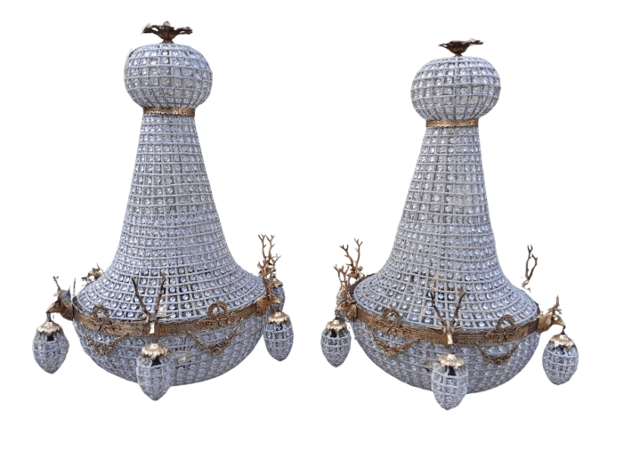 A Large Brass & Aged Pair of Monumental Empire French Style Chandeliers with Deer Head Figures