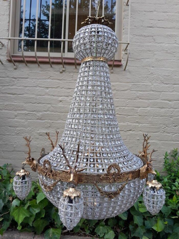 A Large Brass & Aged Pair of Monumental Empire French Style Chandeliers with Deer Head Figures - Image 3