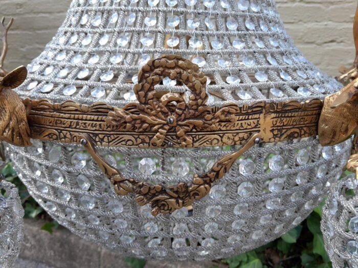 A Large Brass & Aged Pair of Monumental Empire French Style Chandeliers with Deer Head Figures - Image 5