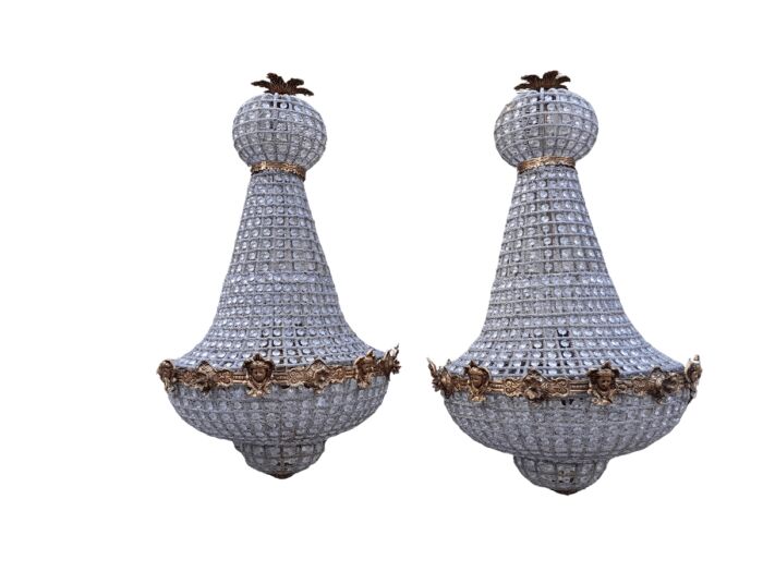 A French Style Pair of Brass Gilt & Aged Monumental Empire Style Chandeliers