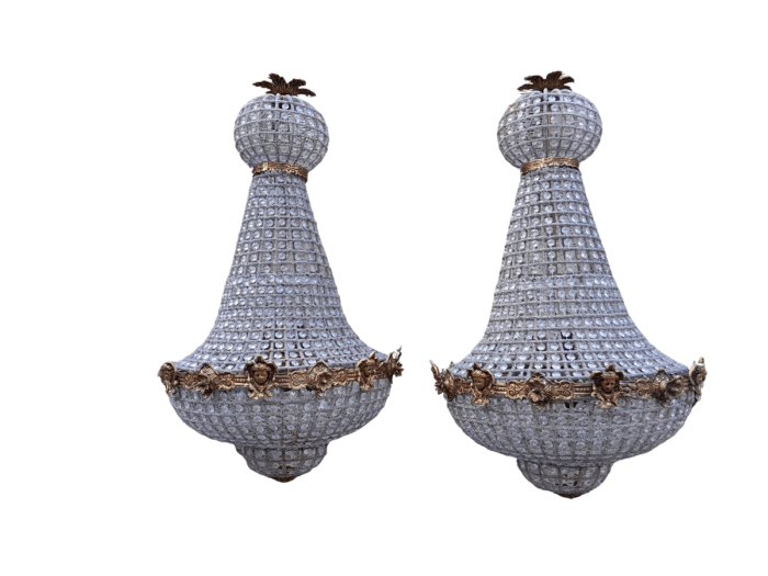 A French Style Pair of Brass Gilt & Aged Monumental Empire Style Chandeliers