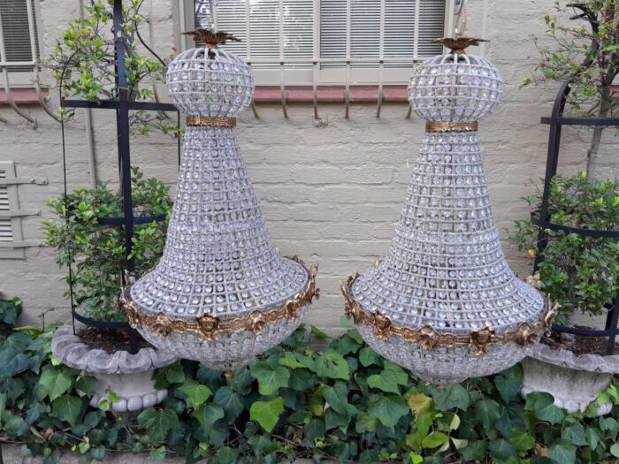 A French Style Pair of Brass Gilt & Aged Monumental Empire Style Chandeliers - Image 2