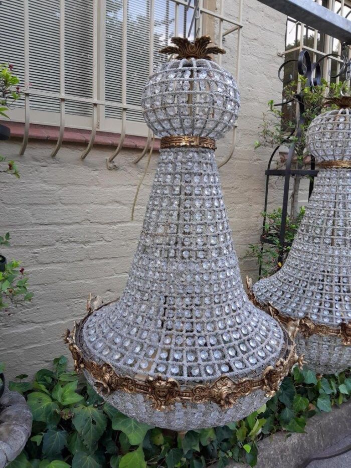A French Style Pair of Brass Gilt & Aged Monumental Empire Style Chandeliers - Image 3