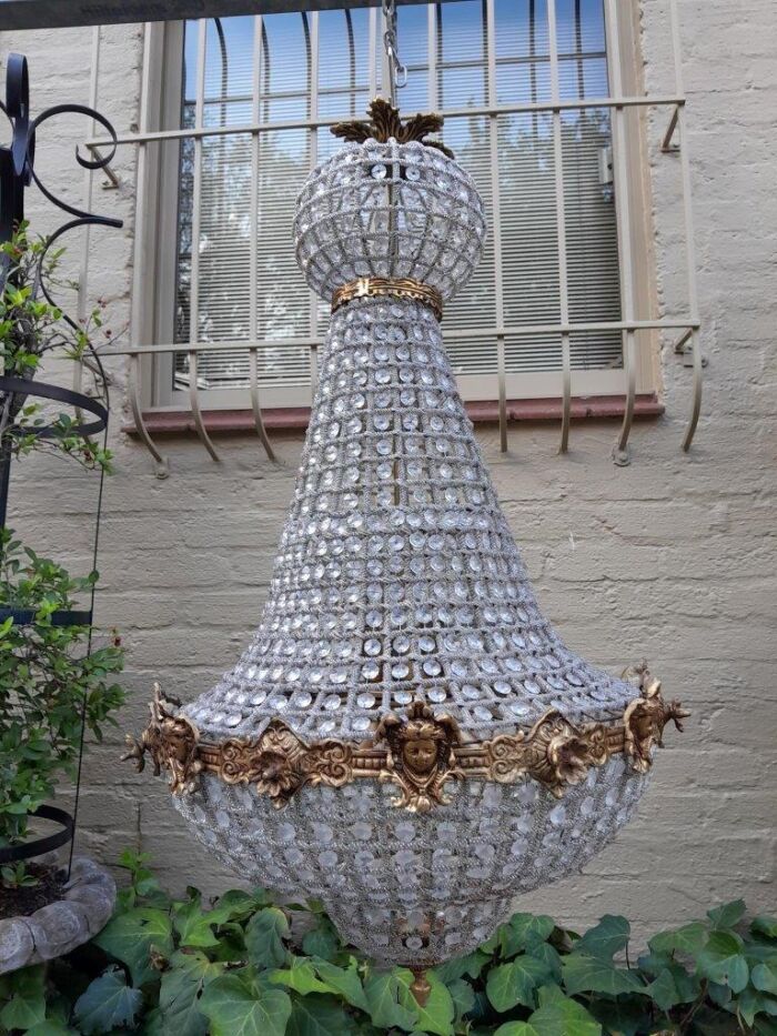 A French Style Pair of Brass Gilt & Aged Monumental Empire Style Chandeliers - Image 4
