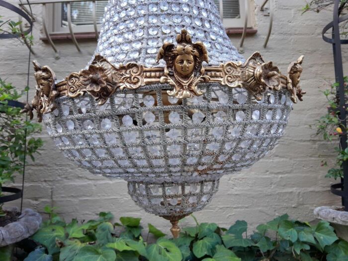 A French Style Pair of Brass Gilt & Aged Monumental Empire Style Chandeliers - Image 5
