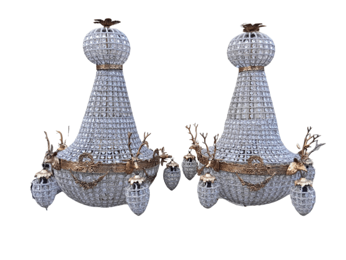 A French Style Pair of Aged Brass Pair of Monumental Empire Style Chandeliers with Deer Head Figures