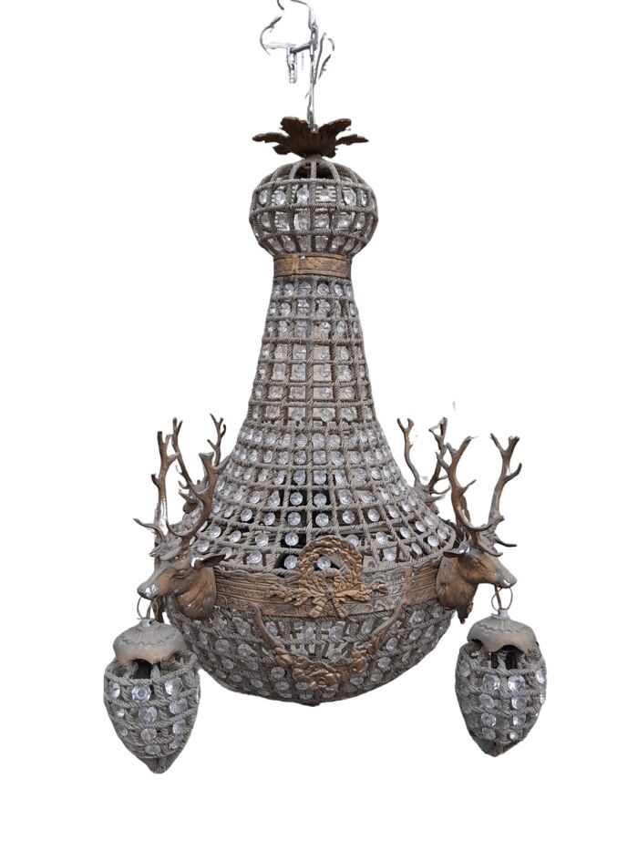 A Brass Gilt & Aged Monumental Empire French Style Chandelier with Deer Head Figures