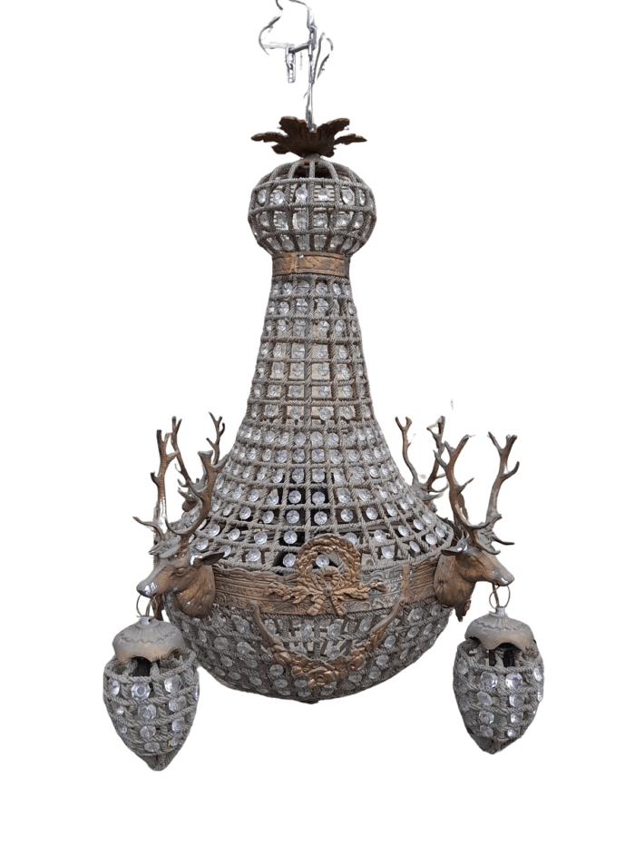 A Brass Gilt & Aged Monumental Empire French Style Chandelier with Deer Head Figures