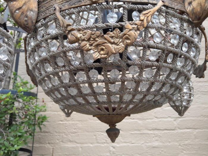 A Brass Gilt & Aged Monumental Empire French Style Chandelier with Deer Head Figures - Image 6