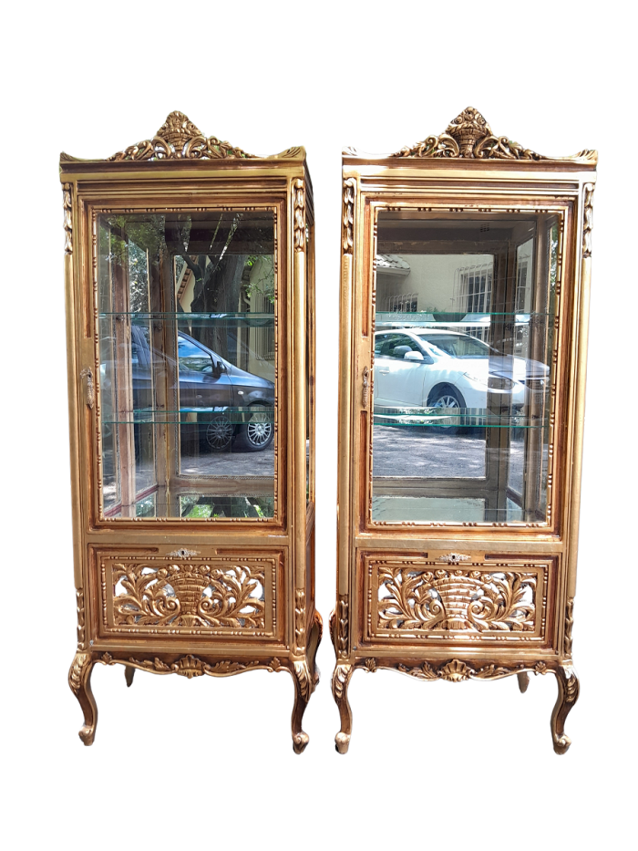 A Pair of French Louis XVI Style Ornately Carved & Gilded Showcases