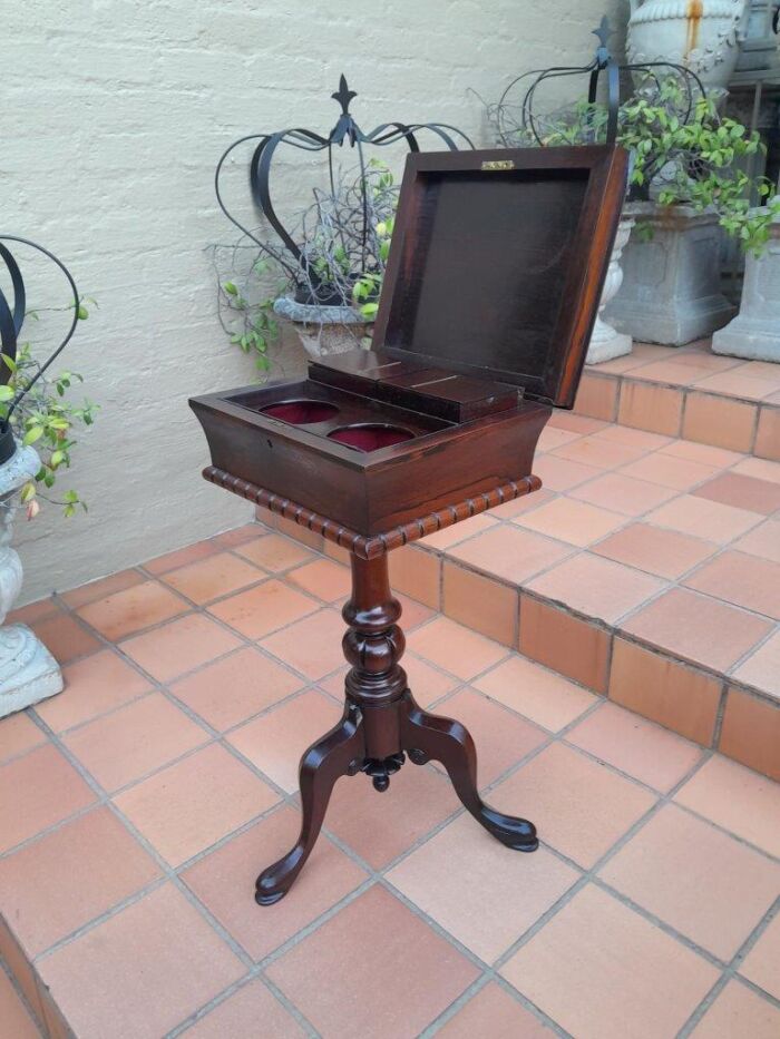 An Antique Georgian Rosewood Teapoy/Tea Caddy On Stand Fitted for Tea Mixing and Storage