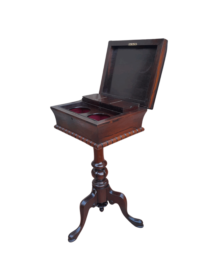 An Antique Georgian Rosewood Teapoy/Tea Caddy On Stand Fitted for Tea Mixing and Storage