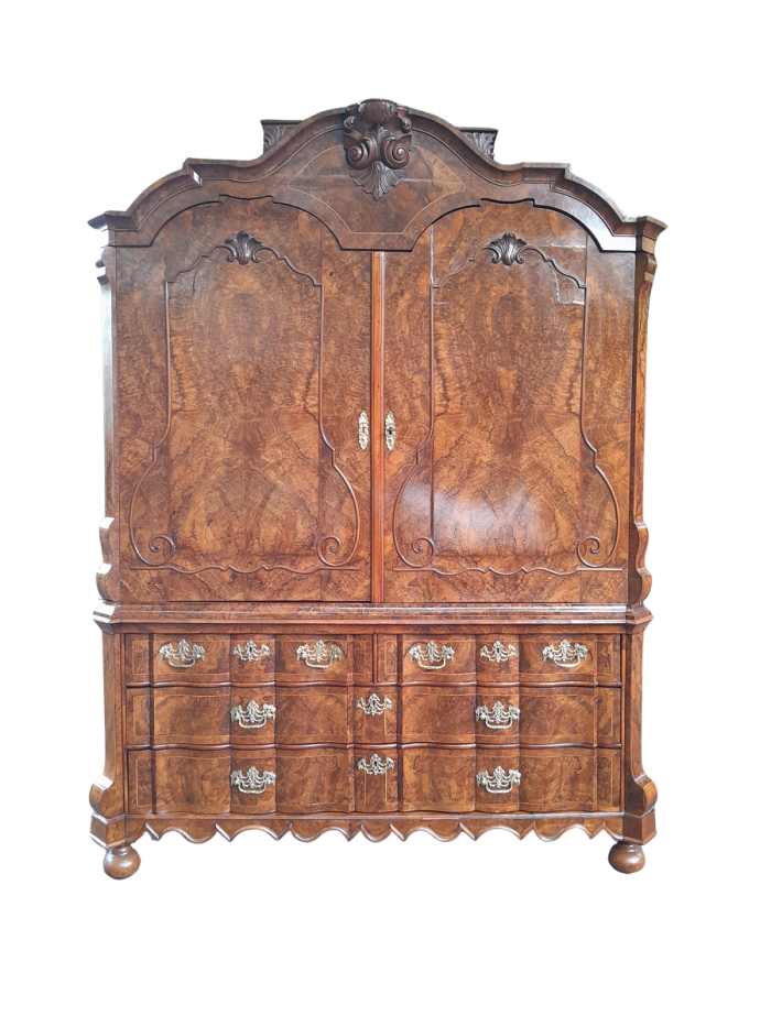 An Early 18th Century Circa 1740 Dutch Louis XIV William and Mary Burr Walnut and Oyster Armoire with Original Mounts