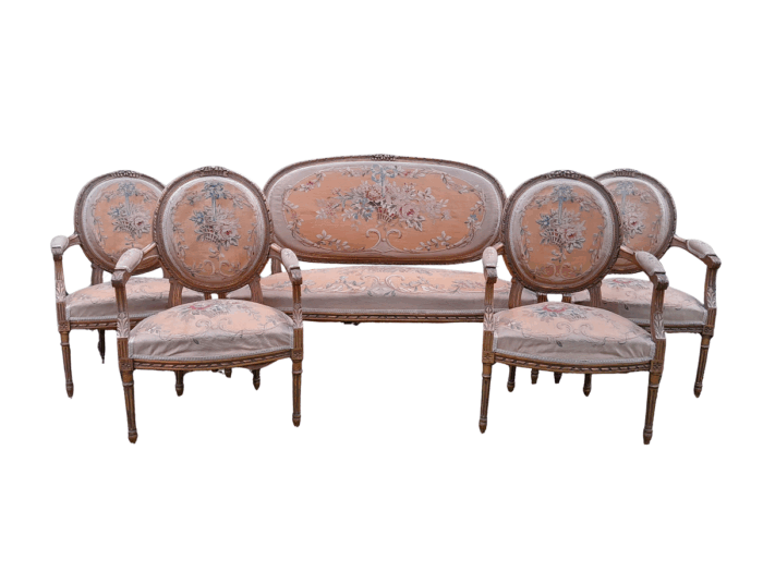 A 19th Century Antique French Giltwood Set Comprising a Settee and Four Medallion Armchairs upholstered in Handwoven Aubusson Fabric Provenance; Castle Snellengem Belgium