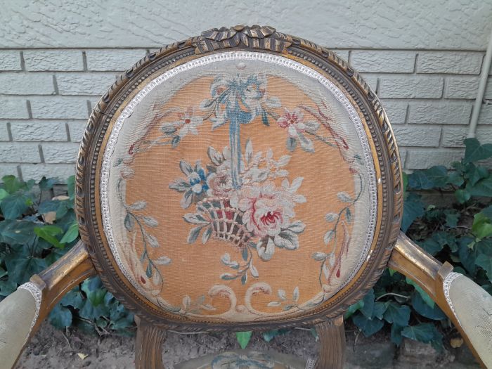 A 19th Century Antique French Giltwood Set Comprising a Settee and Four Medallion Armchairs upholstered in Handwoven Aubusson Fabric Provenance; Castle Snellengem Belgium - Image 10