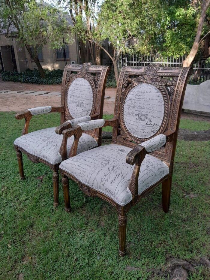A 20TH Century French Style Pair of Ornately Carved and Gilded Armchairs Upholstered in a Custom-made Script Linen Fabric for The Crown Collection - Image 3