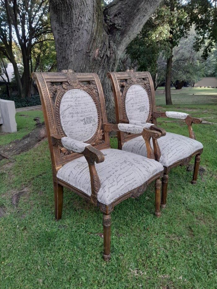 A 20TH Century French Style Pair of Ornately Carved and Gilded Armchairs Upholstered in a Custom-made Script Linen Fabric for The Crown Collection - Image 4