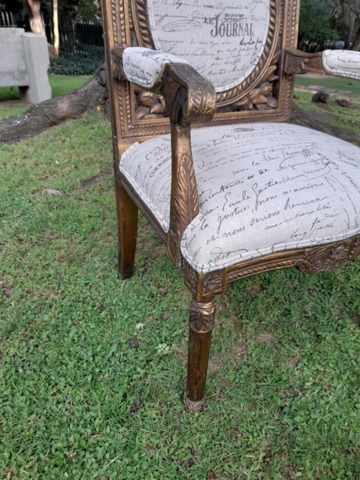 A 20TH Century French Style Pair of Ornately Carved and Gilded Armchairs Upholstered in a Custom-made Script Linen Fabric for The Crown Collection - Image 6