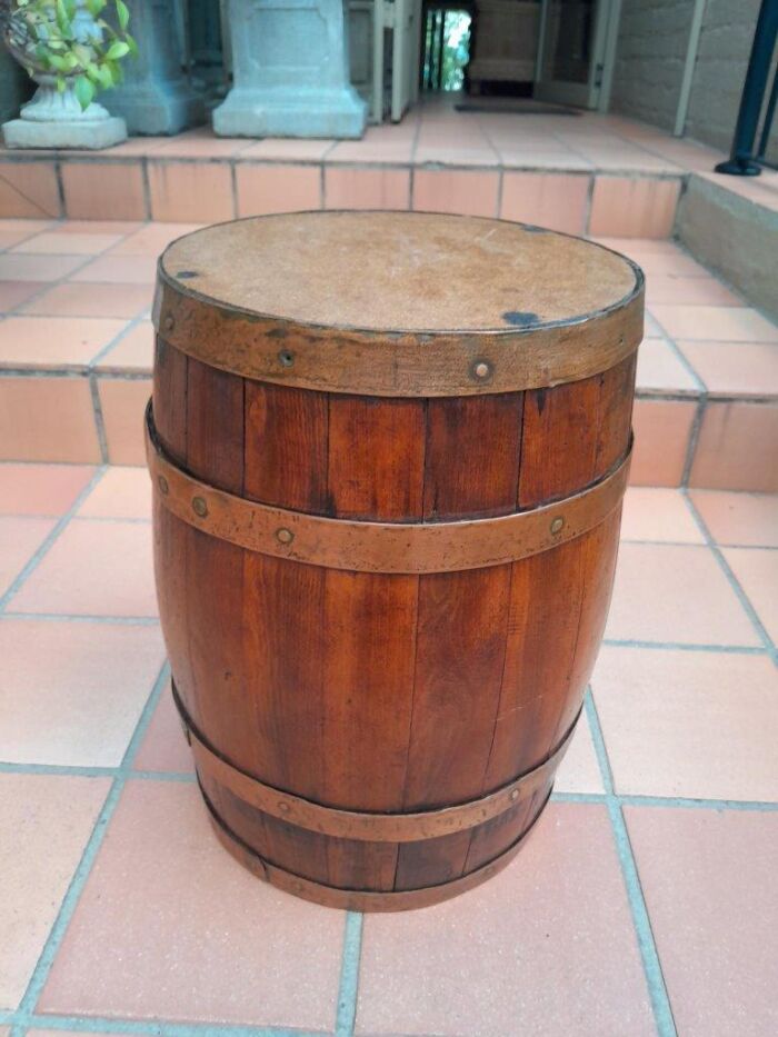 An Antique Teak and Brass Belted Machanick Co Wine Barrel - Image 2